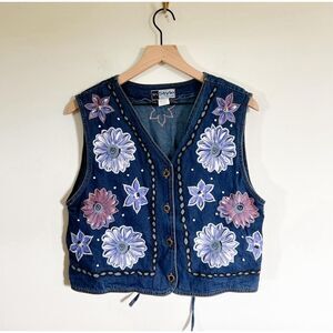 Boho Cottagecore Floral‎ Denim Vest Hand Painted Retro Vibe